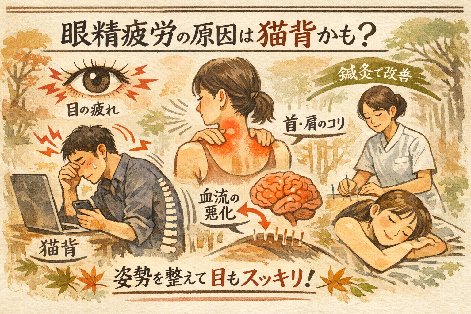 眼精疲労がなかなか取れない原因は「猫背」かもしれません